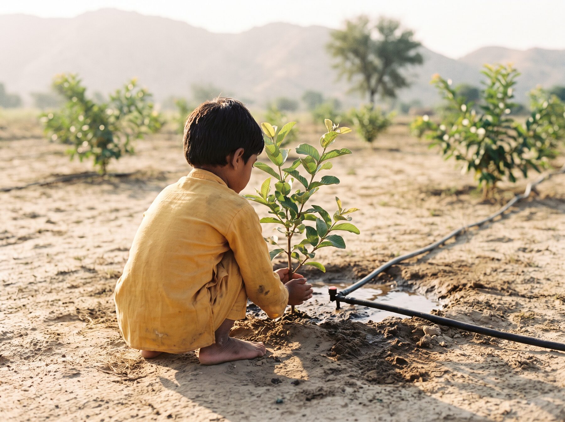 A child holding a guava sapling on the farm